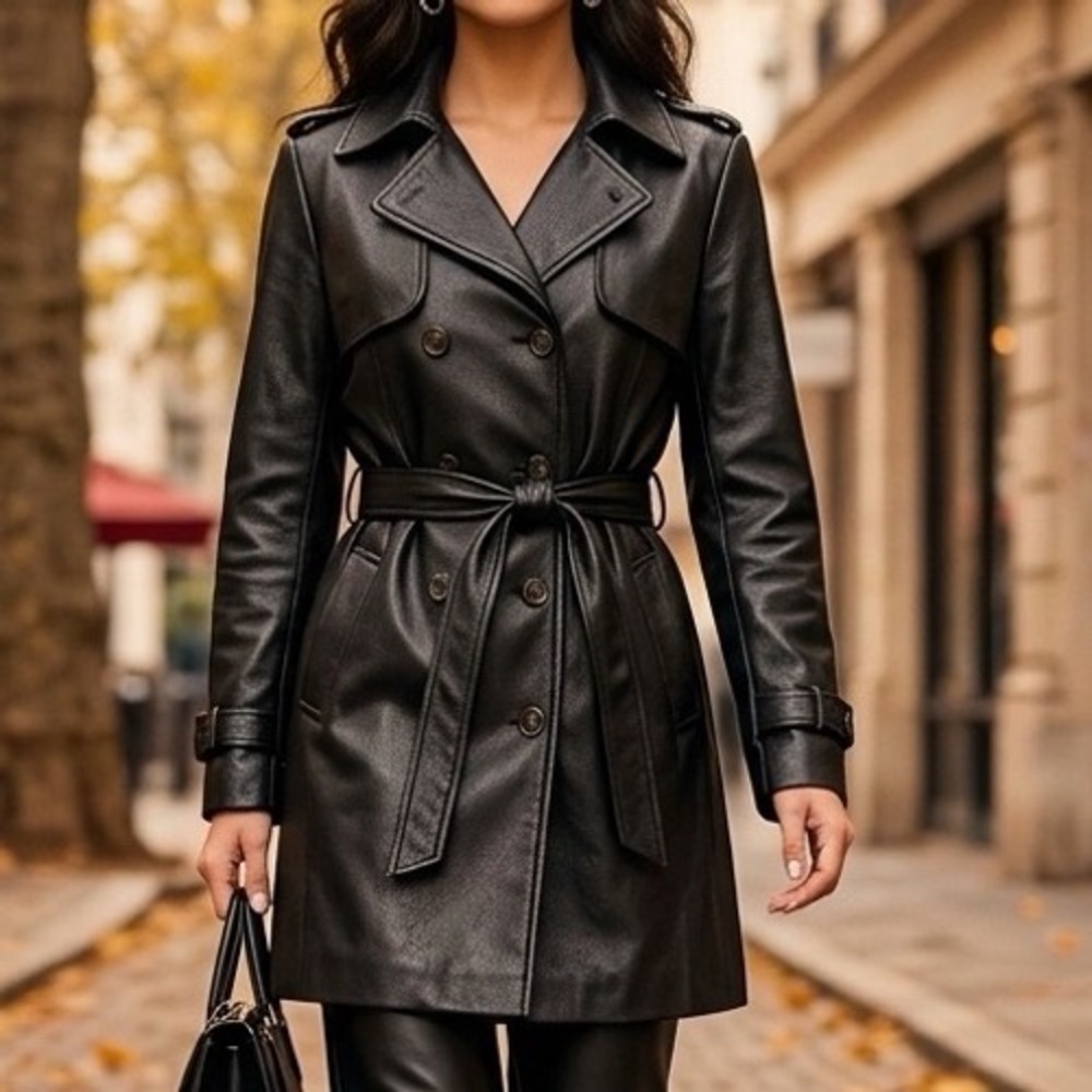 Sam Edelman Trench Coat Womens M Black Faux Leather Double Breasted Goth Edgy